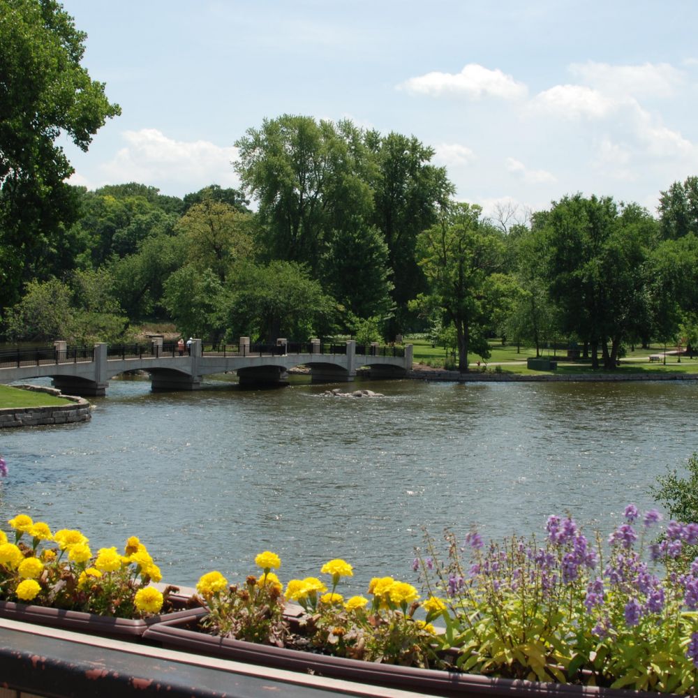 Stone lighthouse on the Fox River near Ashford at Geneva apartments in Geneva, IL